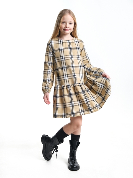 Платье для девочек Mini Maxi, модель 7861, цвет бежевый/клетка - Платья для девочек с длинным рукавом