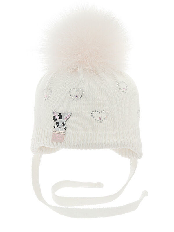 Шапка для девочки Буся, Миалт белый, зима - Шапки с меховым помпоном