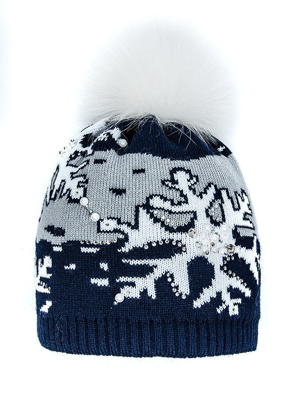 Шапка для девочки Кристалл, Миалт т.синий/светло-серый - Шапки с меховым помпоном
