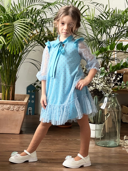 Платье для девочки нарядное БУШОН ST50, цвет голубой, бант, горошек/однотонный - Платья коктельные / вечерние