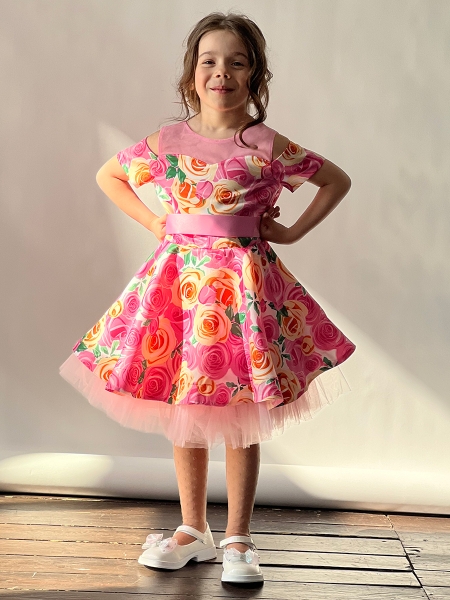 Платье для девочки нарядное БУШОН ST31, стиляги цвет розовый/желтый пояс розовый, принт цветы - Платья СТИЛЯГИ