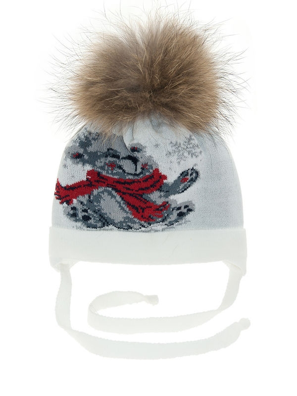 Шапка для мальчика Тимоша, Миалт белый, зима - С меховым помпоном