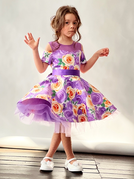 Платье для девочки нарядное БУШОН ST31, стиляги цвет сирень/желтый пояс сирень, принт цветы - Платья СТИЛЯГИ
