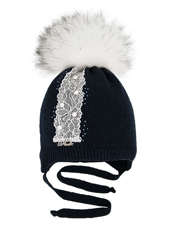 Шапка для девочки Снежная дорожка-kids, Миалт темно-синий, зима - Шапки с меховым помпоном