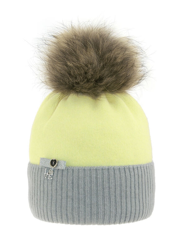 Шапка для девочки Далила, Миалт светло-серый/бледно-желтый, зима - Шапки с меховым помпоном