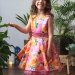 Платье для девочки нарядное БУШОН ST30, стиляги цвет розовый/желтый пояс розовый, принт цветы
