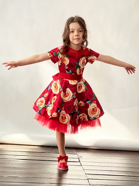 Платье для девочки нарядное БУШОН ST31, стиляги цвет красный/желтый пояс красный, принт цветы - Платья СТИЛЯГИ