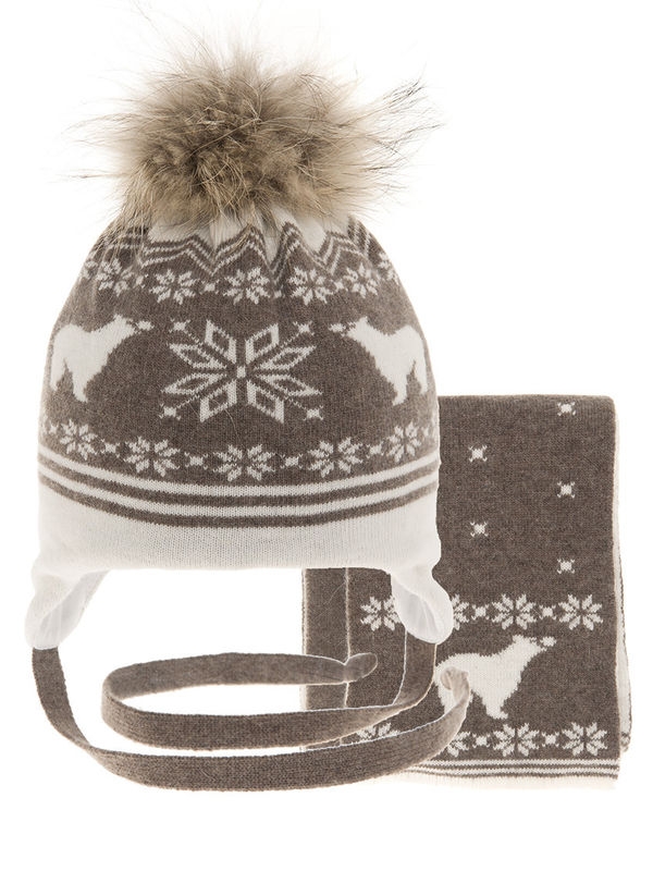 Комплект Белые медведи, Миалт белый/коричневый, зима-весна-осень - Комплект: шапочки и шарф