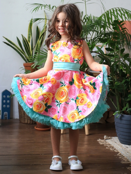 Платье для девочки нарядное БУШОН ST30, стиляги цвет розовый/желтый пояс бирюзовый, принт цветы - Платья СТИЛЯГИ