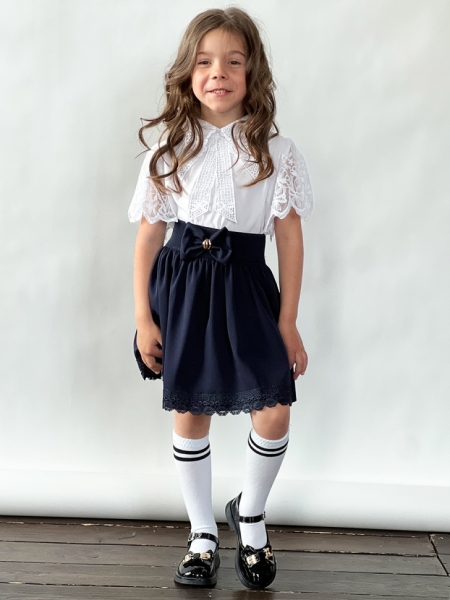 Комплект юбка и блузка для девочек БУШОН, модель SK90, цвет темно-синий/белый - Комплекты трикотажные