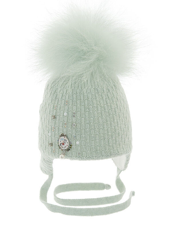Шапка для девочки Карусель, Миалт светлая/олива, зима - Шапки с меховым помпоном