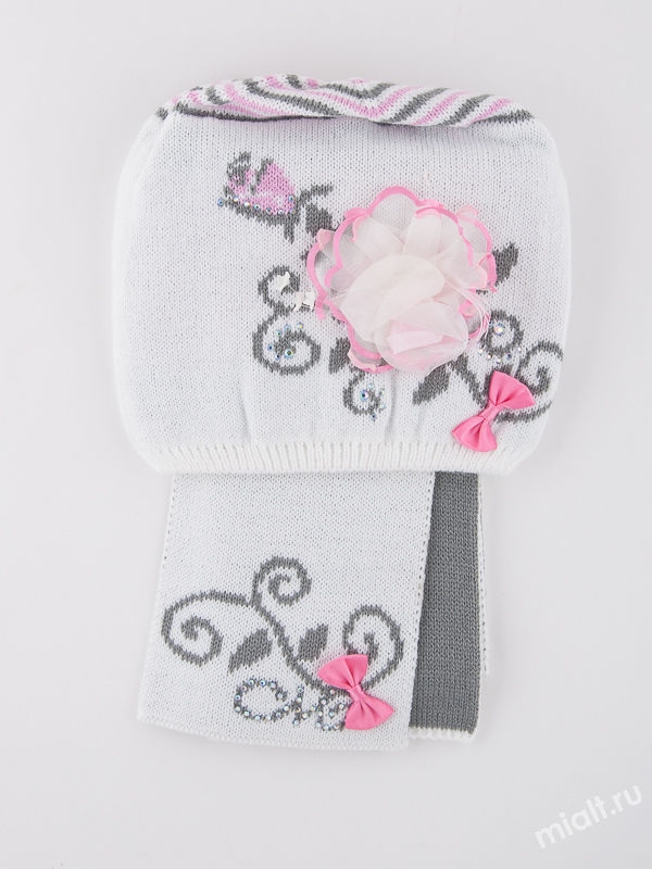 Комплект для девочки Весенний вальс, Миалт белый/серый - Комплект: шапочки и шарф