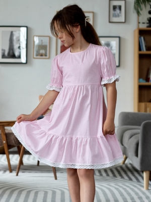 Платье для девочки прованс БУШОН XB881, цвет розовый/белый клетка