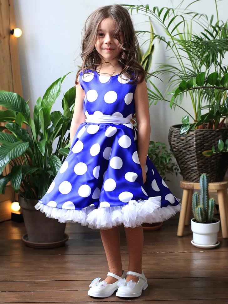 Платье для девочки нарядное БУШОН ST20, стиляги цвет василек, белый пояс, принт белый горох - Платья СТИЛЯГИ