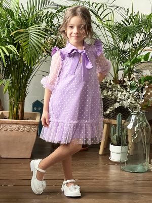 Платье для девочки нарядное БУШОН ST50, цвет сирень, бант, горошек/однотонный