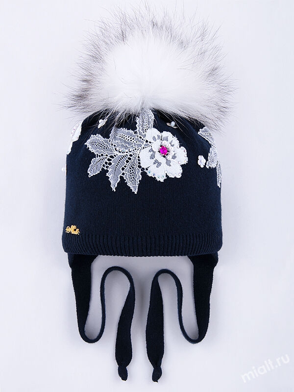 Шапка для девочки Стефания, Миалт темно-синий, зима - Шапки с меховым помпоном
