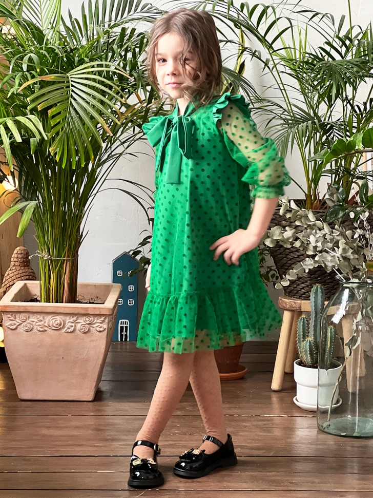 Платье для девочки нарядное БУШОН ST50, цвет зеленый, бант, горошек/однотонный - Платья коктельные / вечерние
