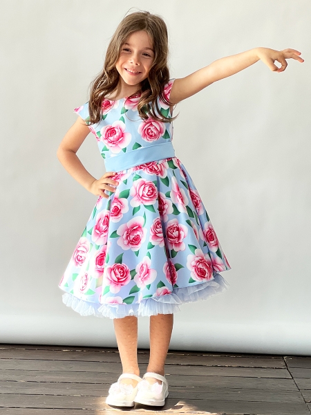 Платье для девочки нарядное БУШОН ST30, стиляги, цвет голубой/розовый цветы - Платья СТИЛЯГИ