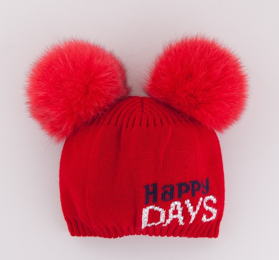 Шапка для девочки Happy days, Миалт красный - Шапки с меховым помпоном
