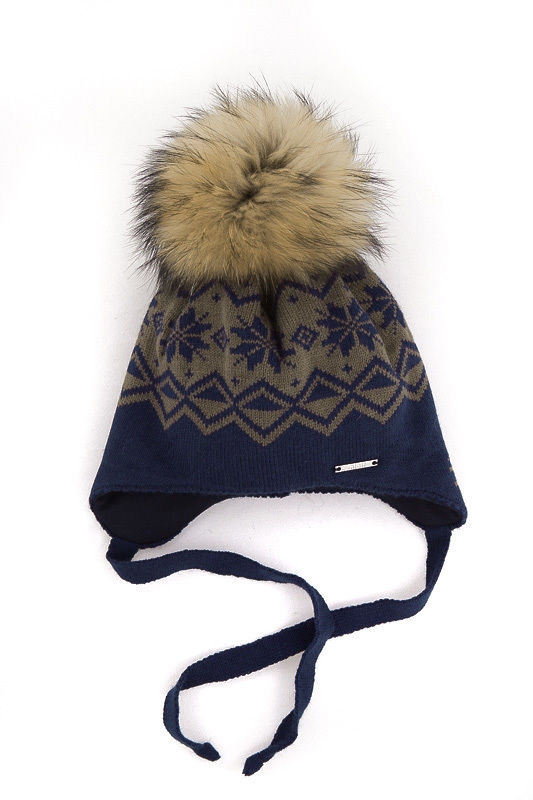 Шапка для мальчика Сибиряк, Миалт темно-синий/хаки - С меховым помпоном