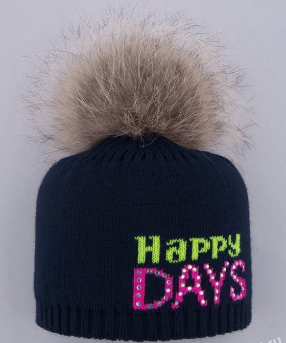Шапка для девочки Happy days-2, Миалт темно-синий - Шапки с меховым помпоном