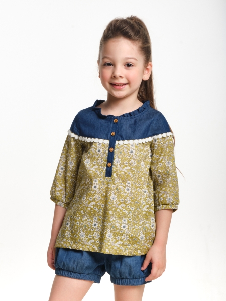 Сорочка для девочек Mini Maxi, модель 1850, цвет хаки/мультиколор - Блузки с коротким рукавом
