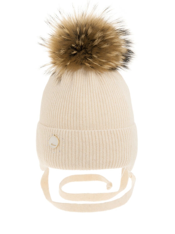 Шапка для девочки Нефрит, Миалт светло-бежевый, зима - Шапки с меховым помпоном