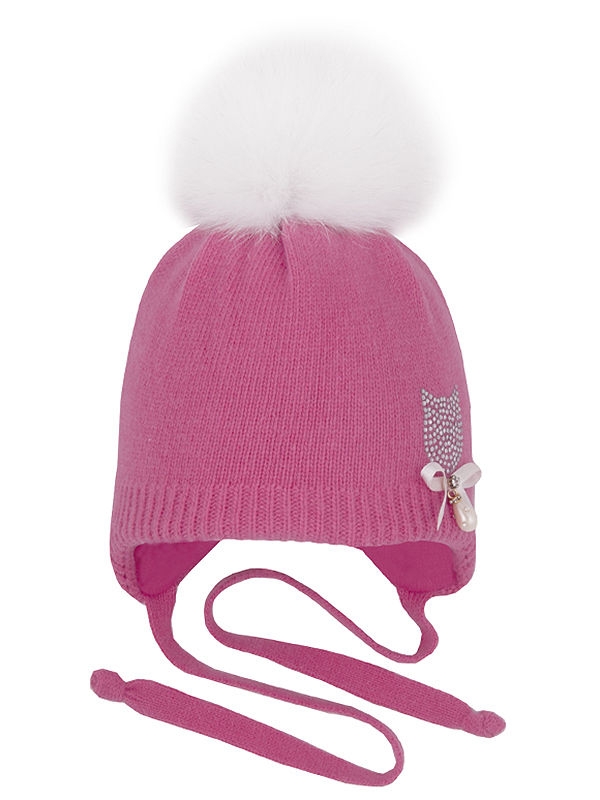 Шапка для девочки Котенька, Миалт фуксия, зима - Шапки с меховым помпоном