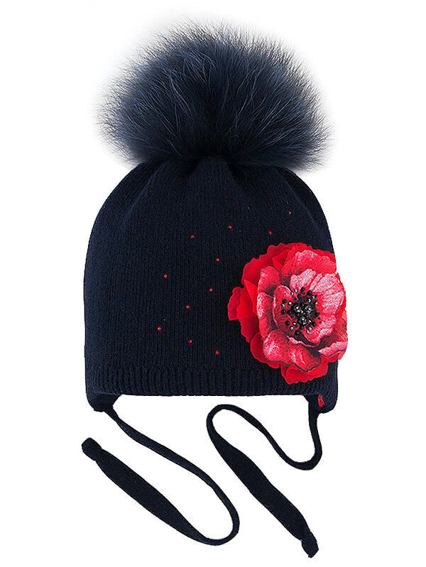 Шапка для девочки Роксанушка, Миалт темно-синий - Шапки с меховым помпоном