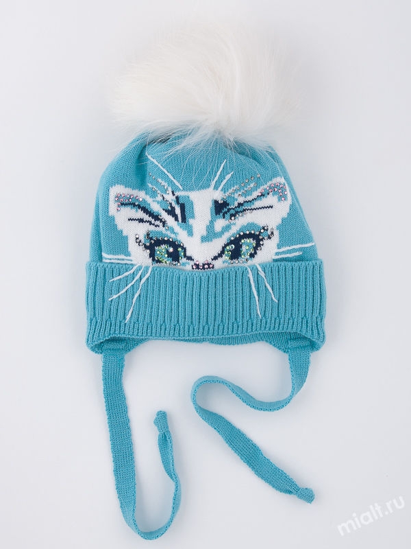 Шапка для девочки Снежок, Миалт мята/белый - Шапочки на завязках