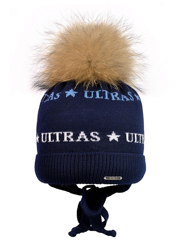 Шапка для мальчика Ultras, Миалт темно-синий/ультрабелый - С меховым помпоном