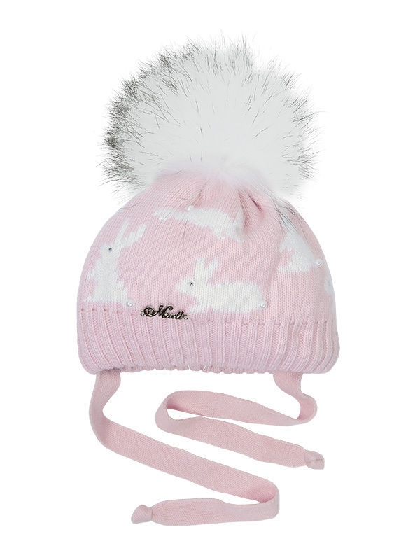 Шапка для девочки Bunny-1, Миалт бледно-розовый/белый, зима - Шапки с меховым помпоном