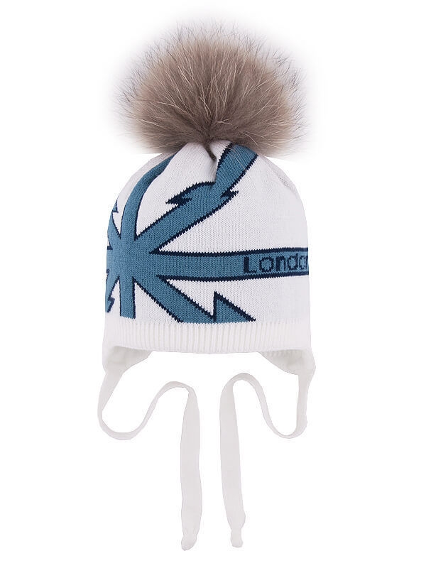 Шапка для мальчика london kids, Миалт белый/темный-джинс - С меховым помпоном