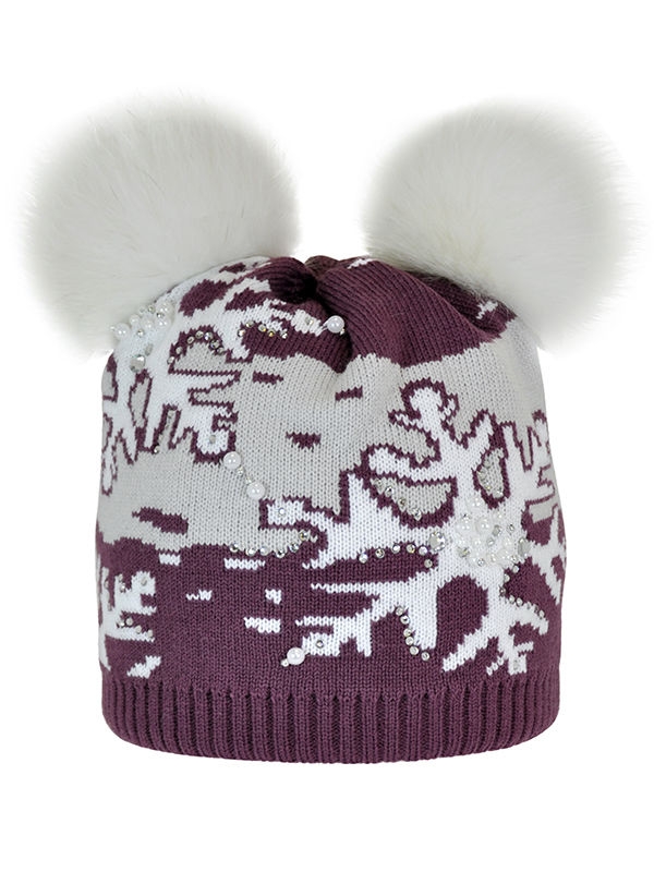 Шапка для девочки Кристаллик, Миалт брусничный/белый - Шапки с меховым помпоном