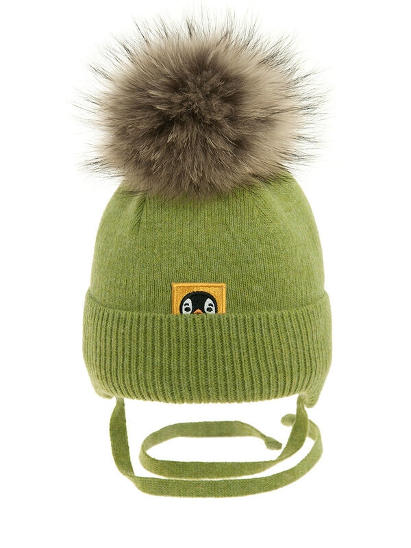 Шапка для мальчика Север, Миалт светло-зеленый, зима - С меховым помпоном