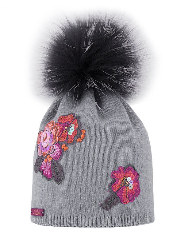 Шапка для девочки Мартина, Миалт светло-серый, зима - Шапки с меховым помпоном