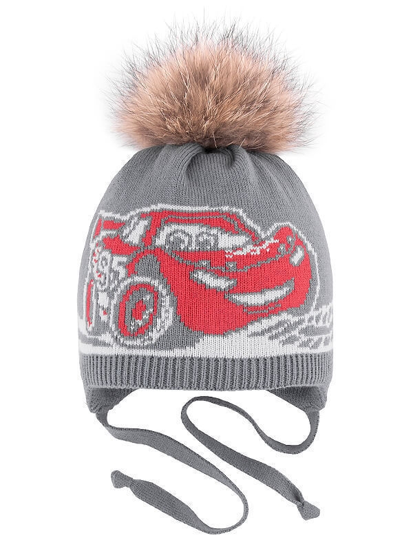 Шапка для мальчика Тачка, Миалт серый/коралловый - С меховым помпоном