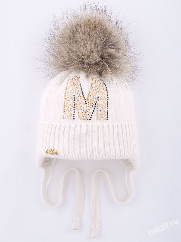 Шапка для девочки Мэри, Миалт белый, зима - Шапки с меховым помпоном