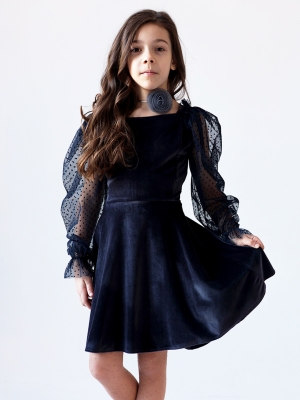 Платье велюровое БУШОН ST63, цвет серо-синий/пояс choker