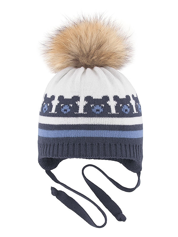 Шапка для мальчика 33 медведя, Миалт темно-серый/голубой - С меховым помпоном