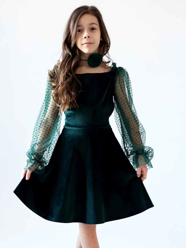 Платье велюровое БУШОН ST63, цвет изумрудный/пояс choker - 