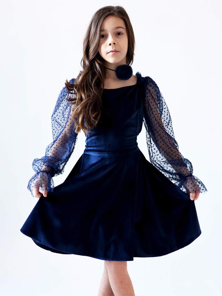 Платье велюровое БУШОН ST63, цвет темно-синий/пояс choker - 