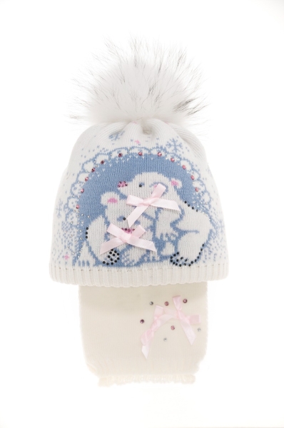 Комплект для девочки Плюшевые мишки, Миалт белый/голубой, зима - Комплекты: шапка и шарф