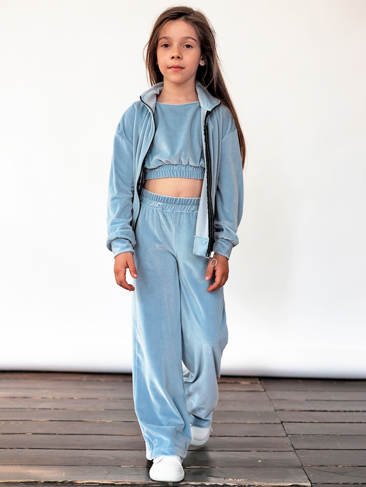 Костюм для девочки из велюра БУШОН SP223, цвет серо-голубой - Костюмы спортивные