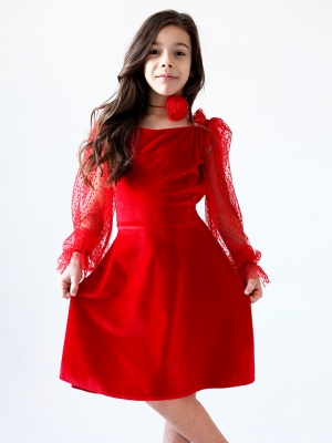 Платье велюровое БУШОН ST63, цвет красный/пояс choker