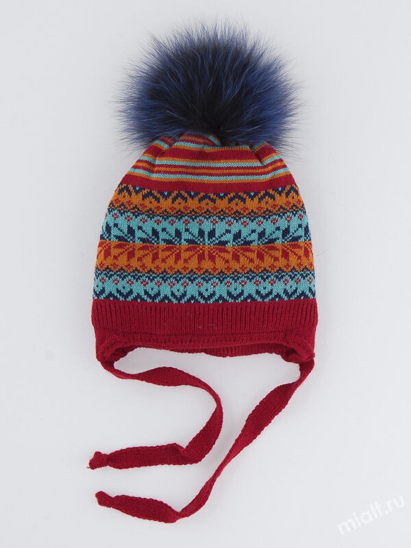 Шапка Югра kids, Миалт бордовый/горчичный, зима - Шапки с меховым помпоном