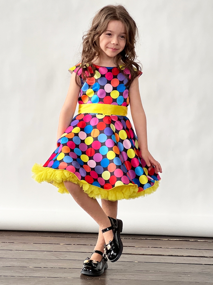Платье для девочки нарядное БУШОН ST20, стиляги цвет мультиколор, желтый пояс, принт горох - Платья СТИЛЯГИ