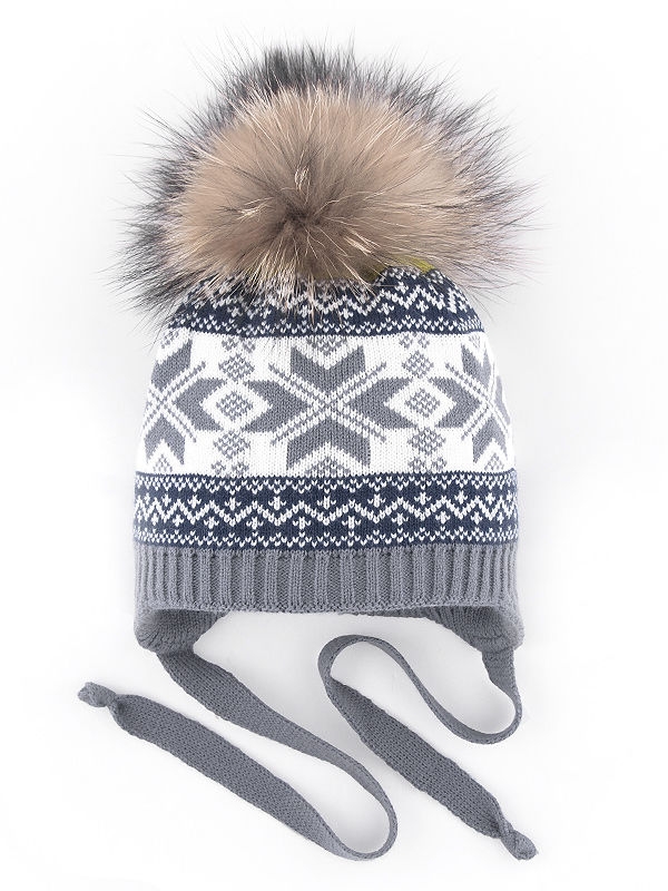 Шапка для мальчика Андорра kids, Миалт серый/белый, зима - С меховым помпоном