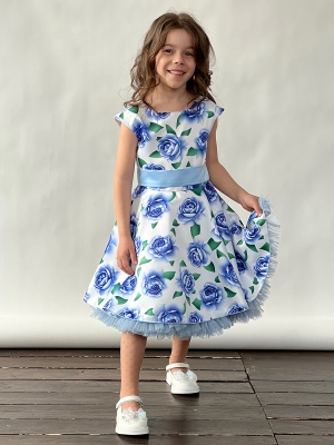 Платье для девочки нарядное БУШОН ST30, стиляги, цвет голубой цветы