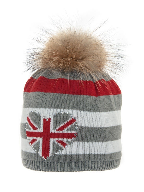 Шапка для девочки Британия, Миалт темно-серый/белый - Шапки с меховым помпоном